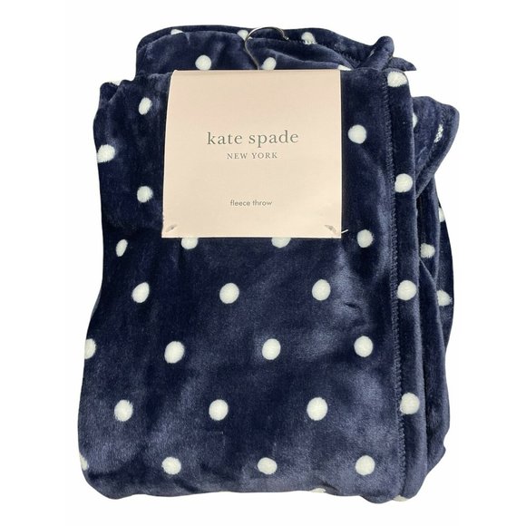 Other - Kate Spade Plush Fleece Throw Blanket Navy Blue White Polka Dots 50x70